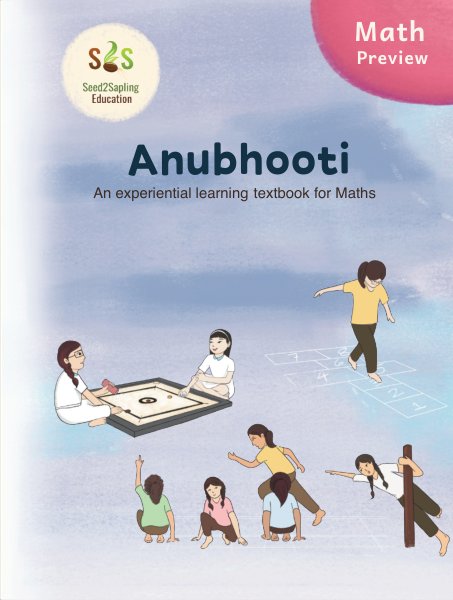 Cover of Anubhooti, an experiential learning textbook for Maths: children playing carrom and hopscotch