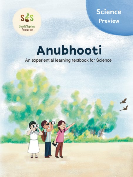 Cover of Anubhooti, an experiential learning textbook for Science: three children watching birds with binoculars