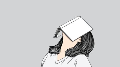 Illustration of a student with an open book, from the CollegeDekho article